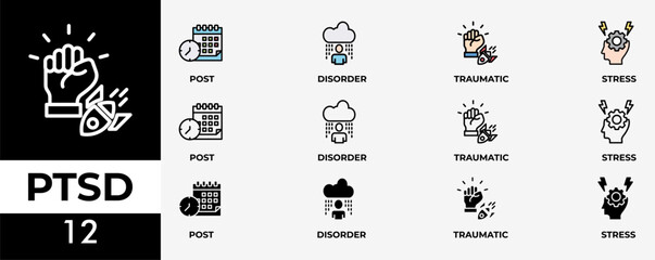 PTSD icon set with various styles and colors of post, traumatic, stress and disorder with icon of calendar, time, rocket attack, war, house on flame, headache and disability