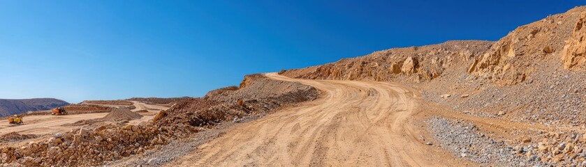 Serene Desert Landscape with Winding Dirt Road Under Clear Blue Sky
