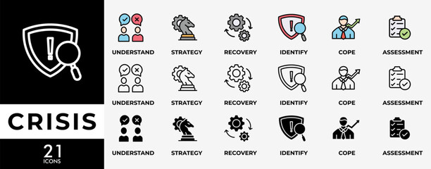 CRISIS icon set with various styles and colors understand, identify, recovery, assessment, strategy and cope icons symbol live stroke editable