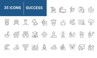 Success set of icons in line style. Containing achievement, successful, strategy, winner, teamwork, goal, brainstorm. suitable for applications and web. vector illustration.