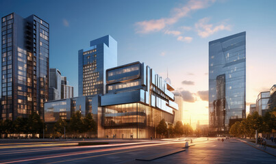 Obraz premium Modern Cityscape at Sunset with High-rise Buildings