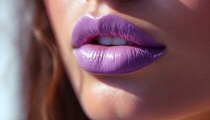 Close-up of a woman's lips adorned with vibrant purple lipstick, showcasing texture against a soft background