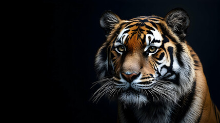 Fototapeta premium Close-up portrait of a tiger against a dark background.