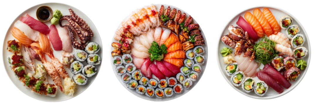 Three assorted sushi platters featuring nigiri, sashimi, and various types of sushi rolls arranged artfully on round plates