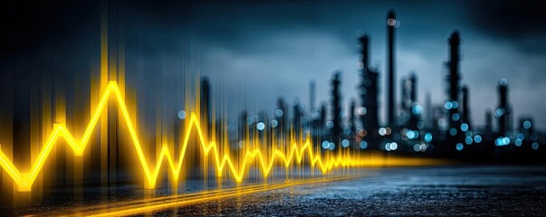 Crude oil market forecast for global crude supply concept. Illuminated sound wave over a factory skyline at dusk.