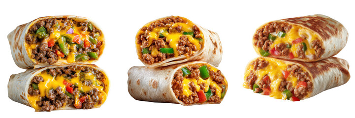 Cheesy beef burritos filled with ground meat, melted cheese, green peppers, and red peppers, wrapped in a soft tortilla
