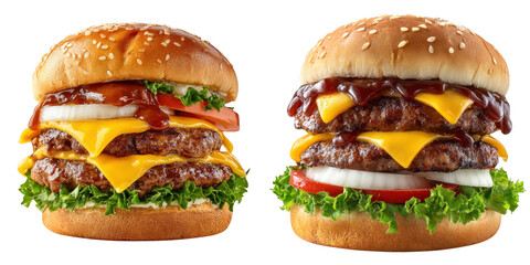 Two double cheeseburgers stacked with lettuce, tomato, onions, cheddar cheese, beef patties, and barbecue sauce in sesame seed buns