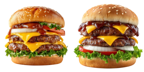 Two double cheeseburgers stacked with lettuce, tomato, onions, cheddar cheese, beef patties, and barbecue sauce in sesame seed buns