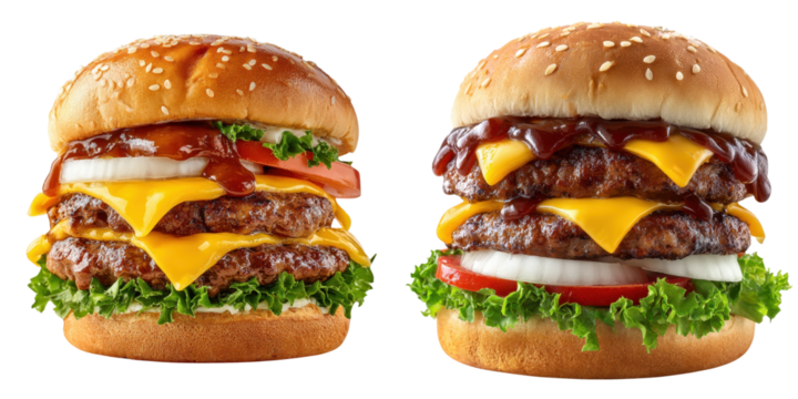 Two double cheeseburgers stacked with lettuce, tomato, onions, cheddar cheese, beef patties, and barbecue sauce in sesame seed buns