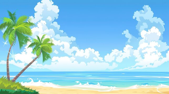 Illustrative image of coconut trees on a tropical beach &mdash; ideal for travel vacations and summer event promotions and backdrops.