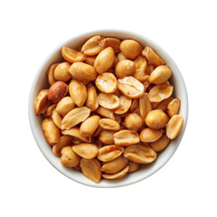 A white bowl filled with roasted, salted peanuts, some whole and some halved, showcasing their golden-brown texture
