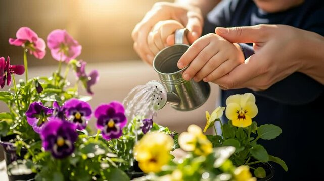 Nurturing Nature: A Child's Gentle Hand Waters Pansies, Fostering Growth, Connection, and Blooming Hope in a Shared Moment of Joyful Gardening