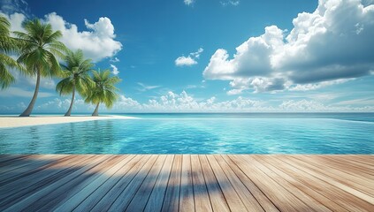 Scene of a tropical beach wooden platform, ideal as a backdrop for tourism promotions, summer product display campaigns, and advertisements.
