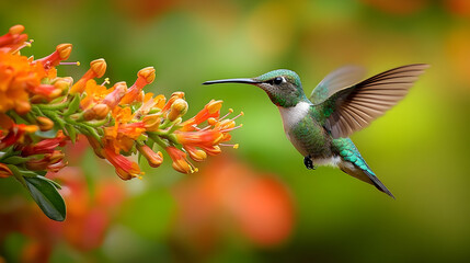 Fototapeta premium Vibrant hummingbird in flight near bright orange blossoms.