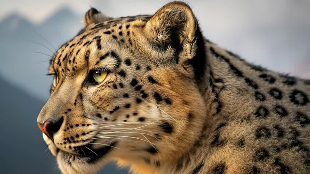 Snow Leopard Portrait: A close-up shot of a majestic snow leopard showcases its distinctive fur pattern and piercing gaze, set against a backdrop that adds a sense of the wild's vastness.