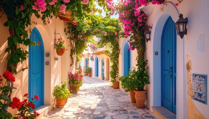 Fototapeta premium Charming floral pathway with blue doors in a picturesque Mediterranean village