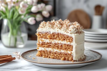 Slice of layered cake with white frosting and flowers on a plate. Use it for blog posts, social media, or to promote bakery products.