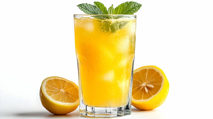 Refreshing lemonade with ice and mint garnish against white background