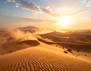 Golden Hour Desert Landscape Sandstorm Swirls Across the Dunes