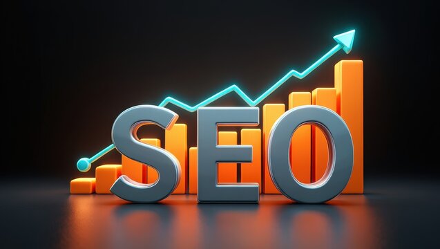 
A striking 3D rendering features the "SEO" acronym in front of rising bar graphs and an upward-trending line, visually representing successful search engine optimization and digital marketing growth.