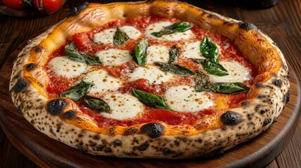 Delicious Neapolitan pizza with basil, tomato sauce, and mozzarella on wooden board. Showcase culinary skills or promote your pizza restaurant with style.