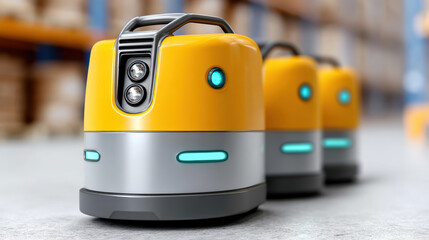 Autonomous industrial equipment warehouse aisle enhances safety and efficiency with advanced technology and bright yellow