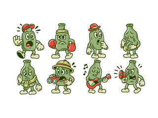Cartoon Bottle Characters with Emotions and Activities – Vintage Style Mascots