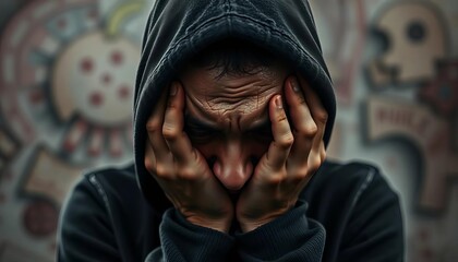 Frustrated figure hides face, overwhelmed by shame and guilt,  frustrated,  blunder