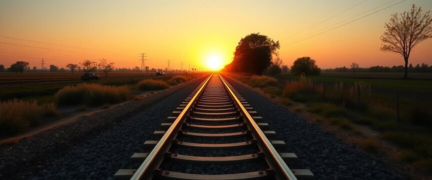 Golden hour sunlight bathes a lone railway track stretching into the distant sunset, alone, track