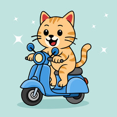 Illustration of a cat riding a motorbike with a smile