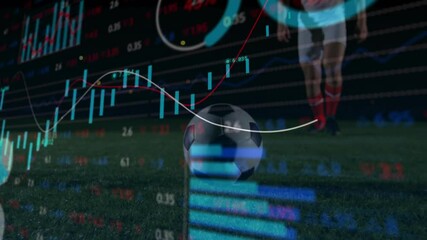 Animated candlestick bars rising line graph flowing pie chart pulsing as soccer player kicking ball - Powered by Adobe