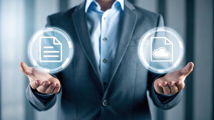 A man in a suit holds virtual icons of a document and a cloud, symbolizing digital file management and cloud storage.
