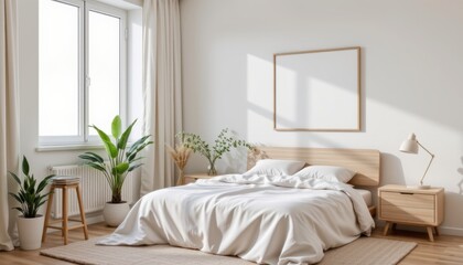 Naklejka premium Modern bedroom with natural light and minimalist decor.