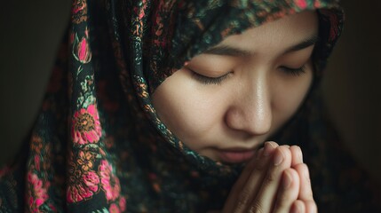 Peaceful Woman in Floral Hijab Praying Serene Religious Faith Hopeful Spiritual Meditation Calm Tranquil Soulful Quiet Prayerful Posture Hands Together Believing Devout  