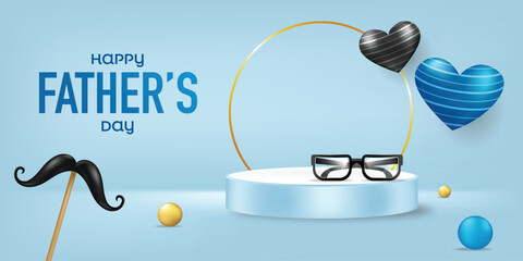 Father's Day Product Display Banner with Mustache, Pearls, glasses and Hearts on Blue Background