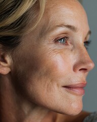 Fototapeta premium Middle-aged woman with fine wrinkles and healthy glowing skin, natural beauty.