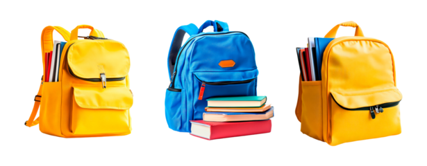 Set of backpacks with colorful books on transparent background, PNG