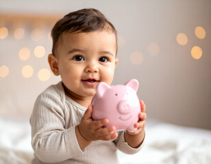 Adorable Baby's First Savings A Close-Up of a Toddler Holding a Piggy Bank
