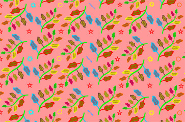 Colorful floral seamless pattern. Bright botanical leaves and flowers design. Decorative nature pattern for fabric or wallpaper. Vibrant floral illustration. Cute colorful floral and flower pattern.