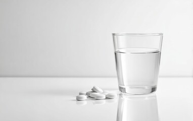 Close-up of a glass of water with pills on a table in front, minimalist clipart illustration style, ideal for advertising posters, health campaigns, and pharmaceutical promotional materials