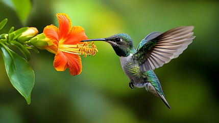 Fototapeta premium A hummingbird hovers near a vibrant hibiscus flower.