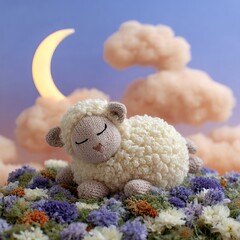 Adorable Knitted Lamb Sleeping Soundly in a Field of Flowers under a Crescent Moon Peaceful Nighttime Scene Sweet Dreams Nursery Decor Soft Toy Photography art sky cute  