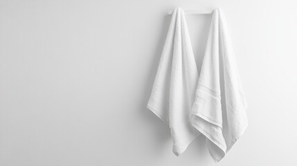 Fototapeta premium Two white towels hanging on a rack against a plain white wall. Use this minimalist image for a hotel or spa themed concept.
