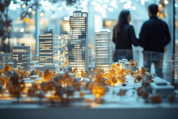 City model with tiny trees and skyscrapers on a blurred background. Use this for real estate, architecture, or urban planning concepts.