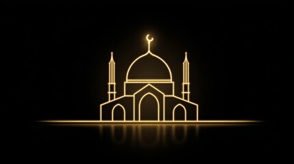 Golden Mosque Line Art Elegant Minimalist Islamic Design Ramadan Eid Mubarak Celebration Night Golden Glow Reflection Elegant Architecture Simple Line Drawing Graphic    