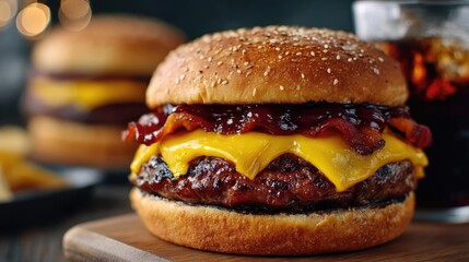 Fast food and soda taste with high sugar calories concept. Juicy cheeseburger with melted cheese, bacon, and tasty sauce.