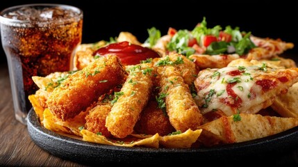 Fototapeta premium Fast food and soda taste with high sugar calories concept. Delicious platter of crispy snacks with drinks on a wooden table.