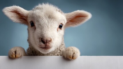 Adorable Fluffy Lamb Peeking Over White Sign Cute Spring Farm Animal Photography Innocent Sweet Baby Sheep Easter Lamb Peaceful Nature Wildlife Image pet wool soft card  