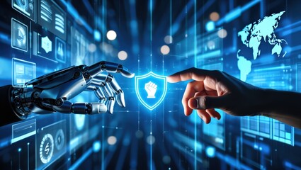 A robotic hand and a human hand touch a glowing blue shield hologram, symbolizing advanced cyber security and digital protection in a futuristic interface environment.
