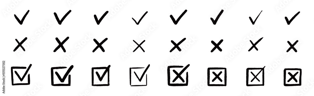 Leinwandbilder Check tick mark icon set. Cross box x check mark checkbox v list vector draw hand drawn sketch doodle brush marker checklist symbol wrong right circle. Vector Illustration